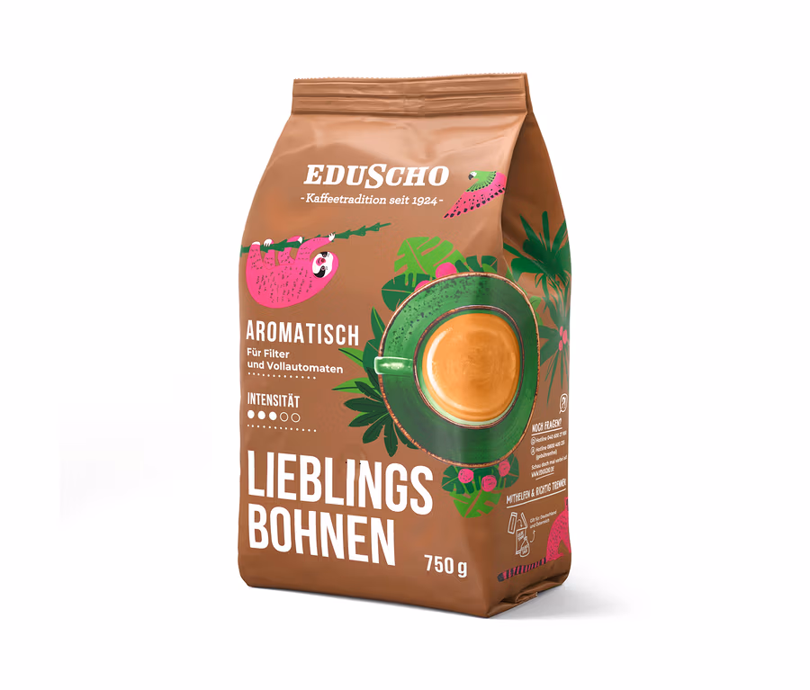 Braune Packung Eduscho Lieblingsbohnen Aromatisch, 750 g ganze Bohnen, mit pinkem Faultier, tropischen Blättern und grüner Kaffeetasse als Motiv.