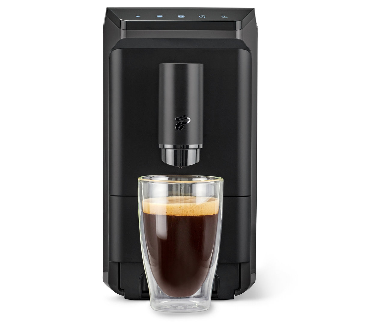 Schwarze »Esperto mini« Kaffeemaschine mit einer Tasse Kaffee.