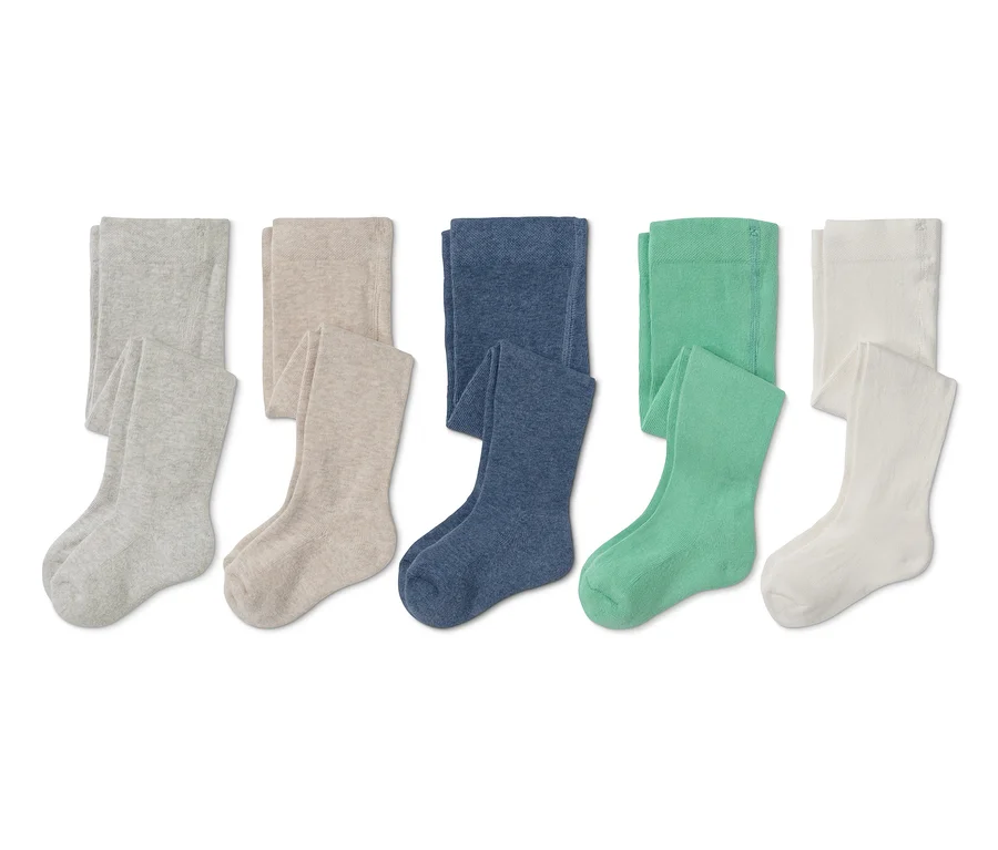 Fünf Baby Strumpfhosen in Grau, Beige, Blau, Grün und Weiß.