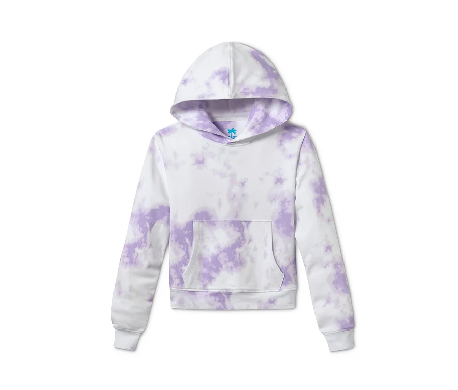 Weißes Sweatshirt mit Kapuze mit lila Batikmuster.