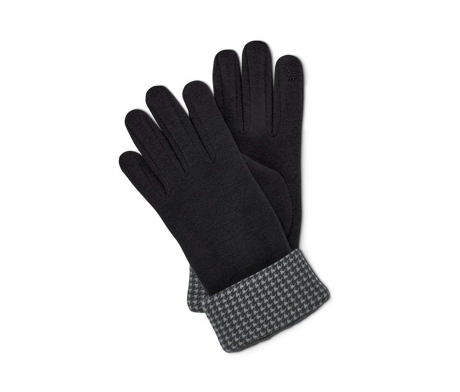 Zwei Sweathandschuhe liegen übereinander. Die Handschuhe sind schwarz mit einem grauen Hahnentrittmuster an den Bündchen.