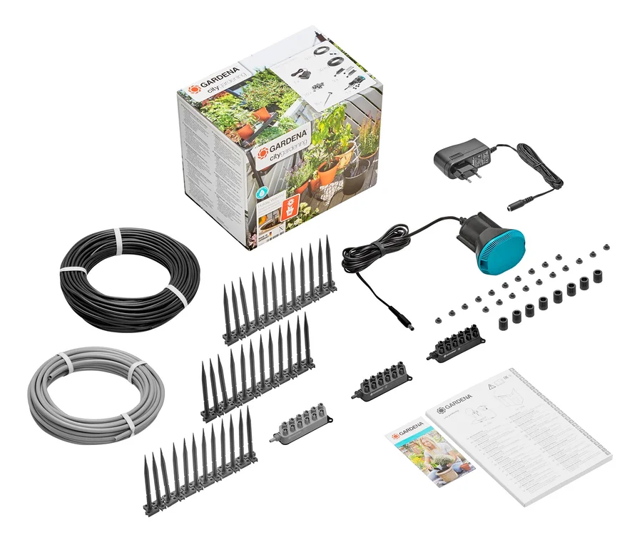GARDENA Urlaubsbewässerung-Set »city gardening« mit Verpackung, Schläuchen, Heringen, Verteilern, Pumpe und Zubehör.