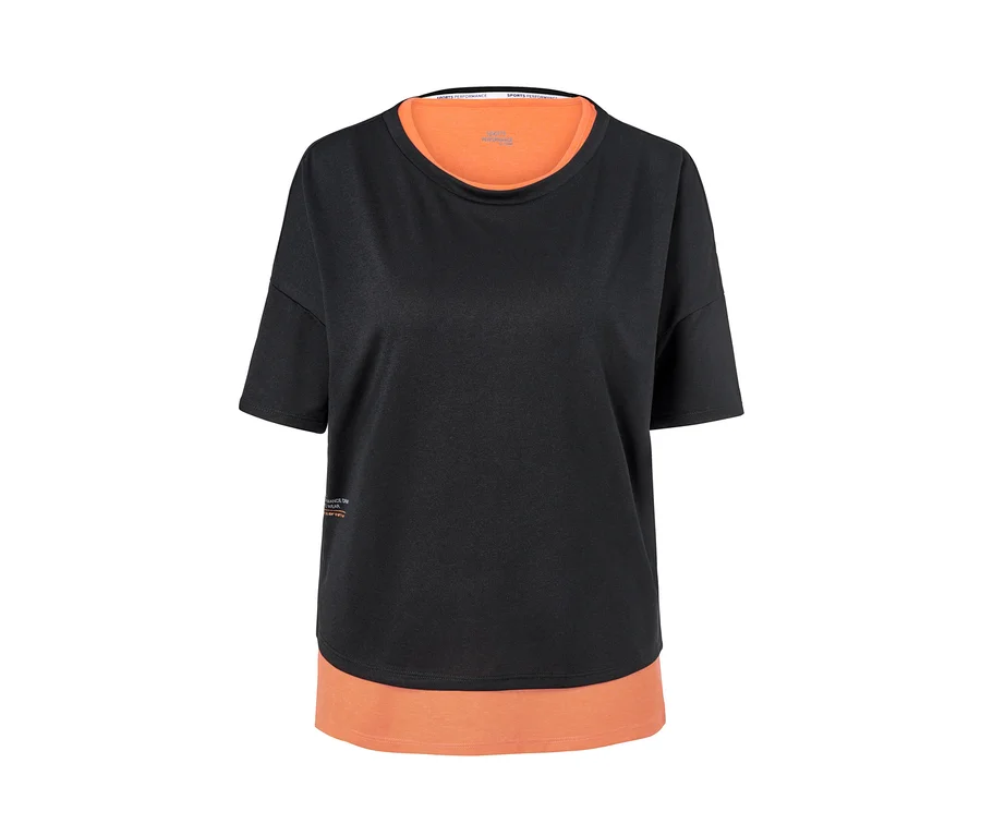 Ein schwarzes 2-in-1-Sportshirt mit einer orangefarbenen Schicht.