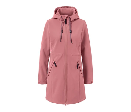 Rosa Softshell-Mantel mit Kapuze, Reißverschluss und Taschen.