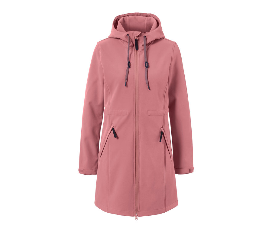 Rosa Softshell-Mantel mit Kapuze, Reißverschluss und Taschen.
