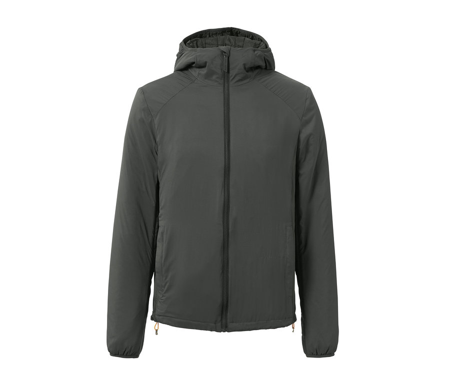 Khakifarbener Thermo-Midlayer mit Reißverschluss und Kapuze.