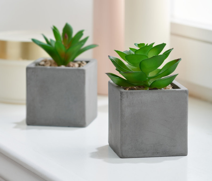 Zwei Mini-Kunstpflanzen in Töpfchen stehen auf einer weißen Oberfläche.