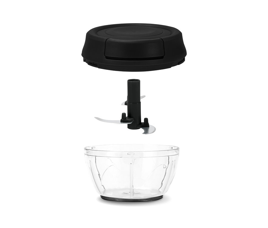 Ein zerlegter manueller Multizerkleinerer, bestehend aus einer transparenten Schüssel, einer Klinge und einem schwarzen Deckel.