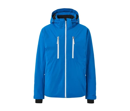 Blaue High-Tech-Skijacke mit Reißverschlüssen.