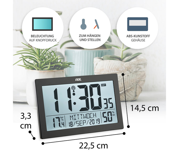 Die ADE XL-Funkwanduhr mit Thermometer und Hygrometer zeigt 11:30 Uhr, den 18. September 2019 und 17,4 Grad Celsius.