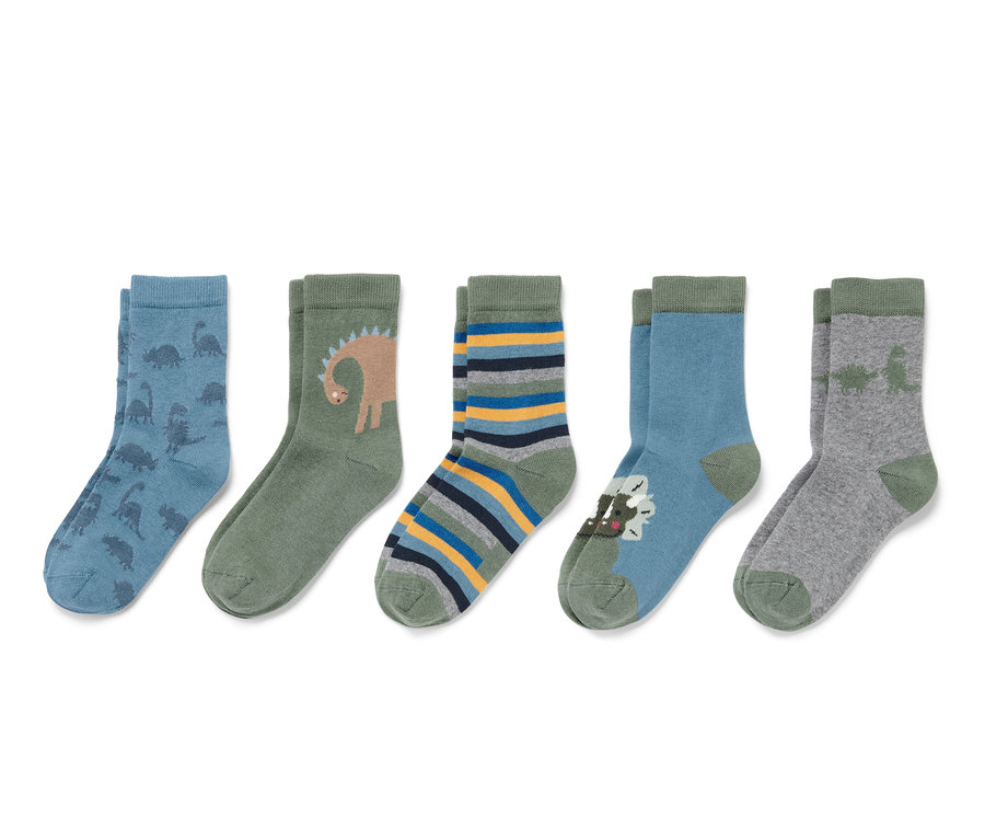 Fünf Paar blaue Socken mit verschiedenen Dinosaurier-Mustern.