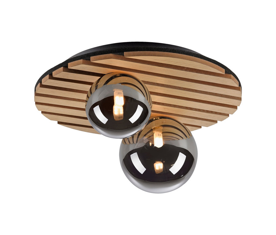 Zwei silberne Kugellampen hängen von der hölzernen Deckenleuchte JUST LIGHT Deckenleuchte »Green Stika«.