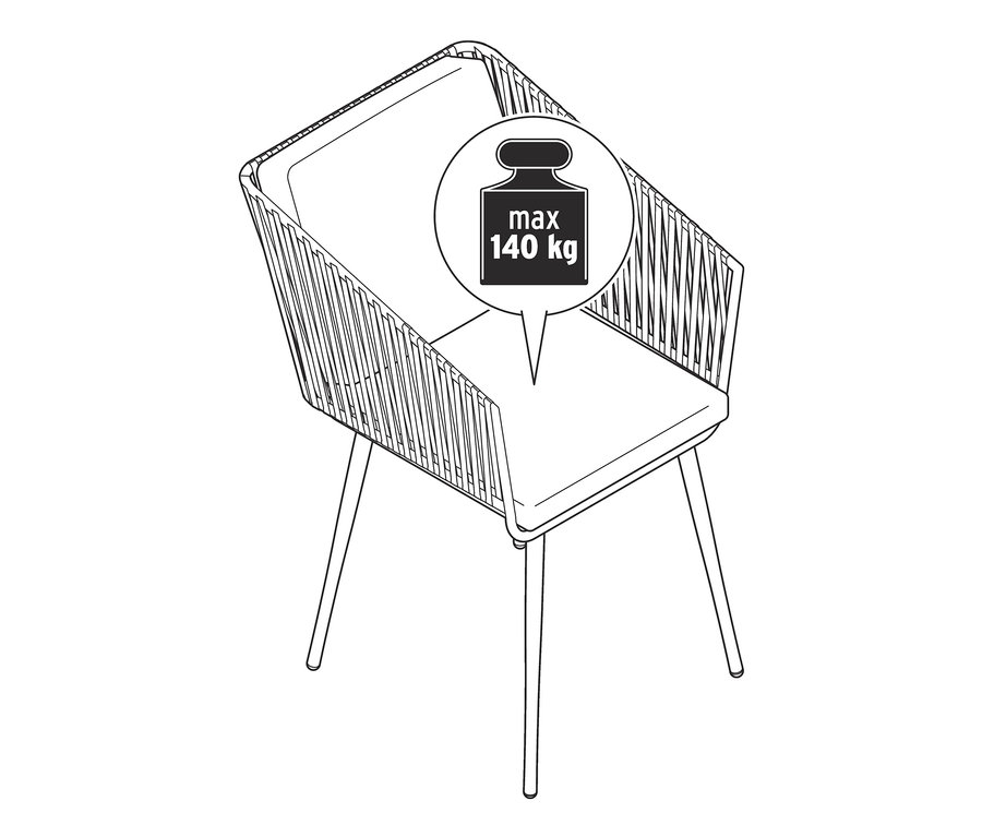 Eine Skizze von einem Dining-Sessel mit Textilgeflecht und einer maximalen Belastbarkeit von 140 kg.
