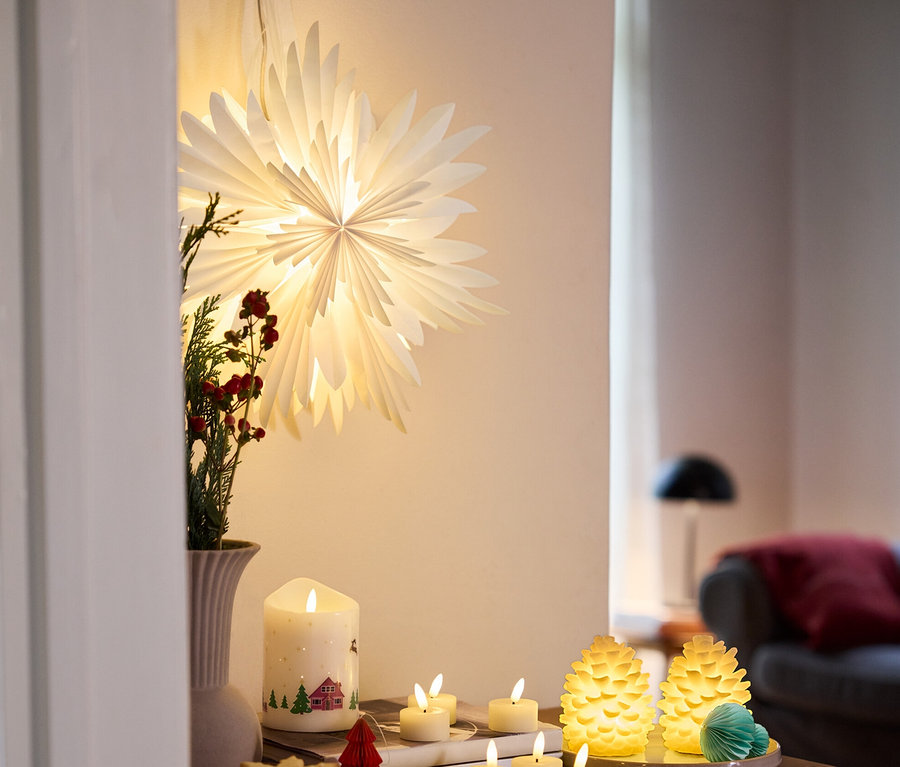 Auf einem Tisch stehen 2 LED-Echtwachstannenzapfen, eine LED-Echtwachskerze, 6 LED-Akku-Echtwachskerzen und ein LED-Papierstern.