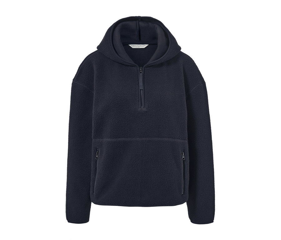 Marineblauer Teddy-Kapuzenpullover mit halbem Reißverschluss.
