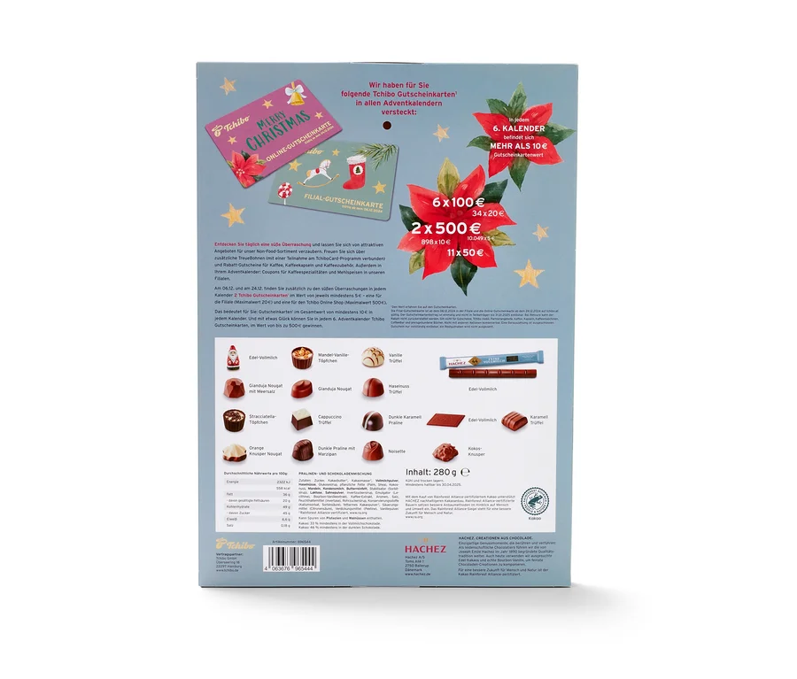 Box mit Tchibo Adventkalender, Abbildungen von Gutscheinkarten und Pralinen.