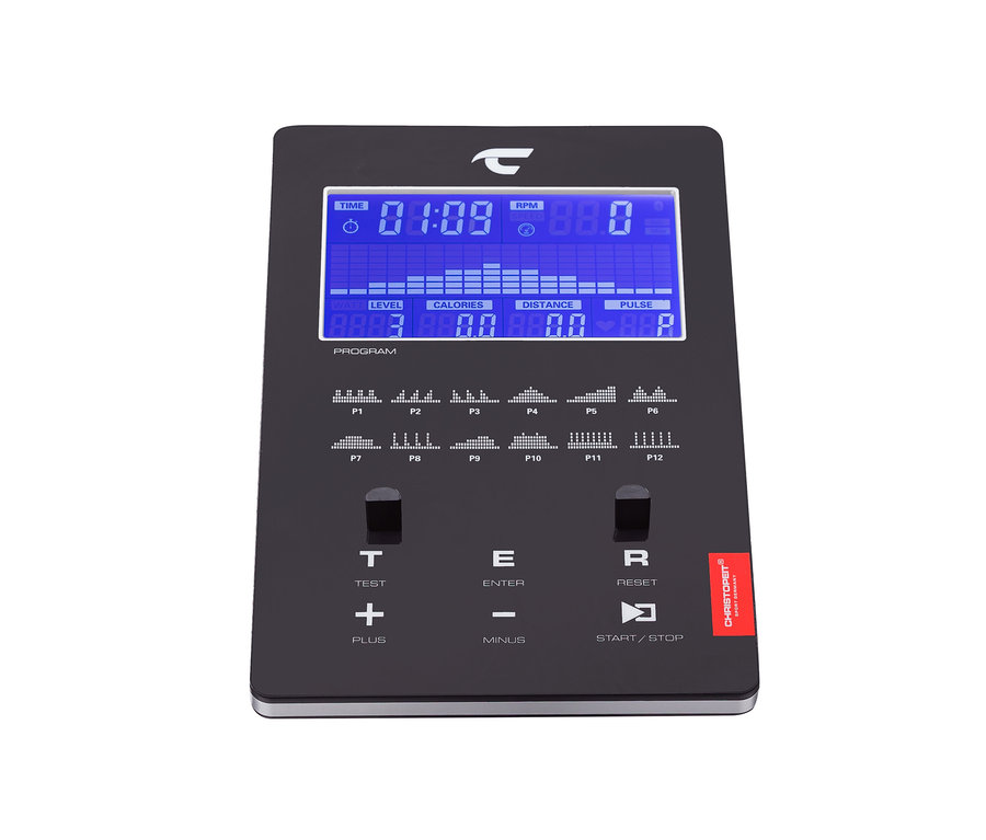 Schwarzes Bedienfeld für Christopeit Sport Heimtrainer Ergometer »ET 6« mit digitaler Anzeige von Zeit, Drehzahl, Watt, Kalorien, Distanz und Puls.