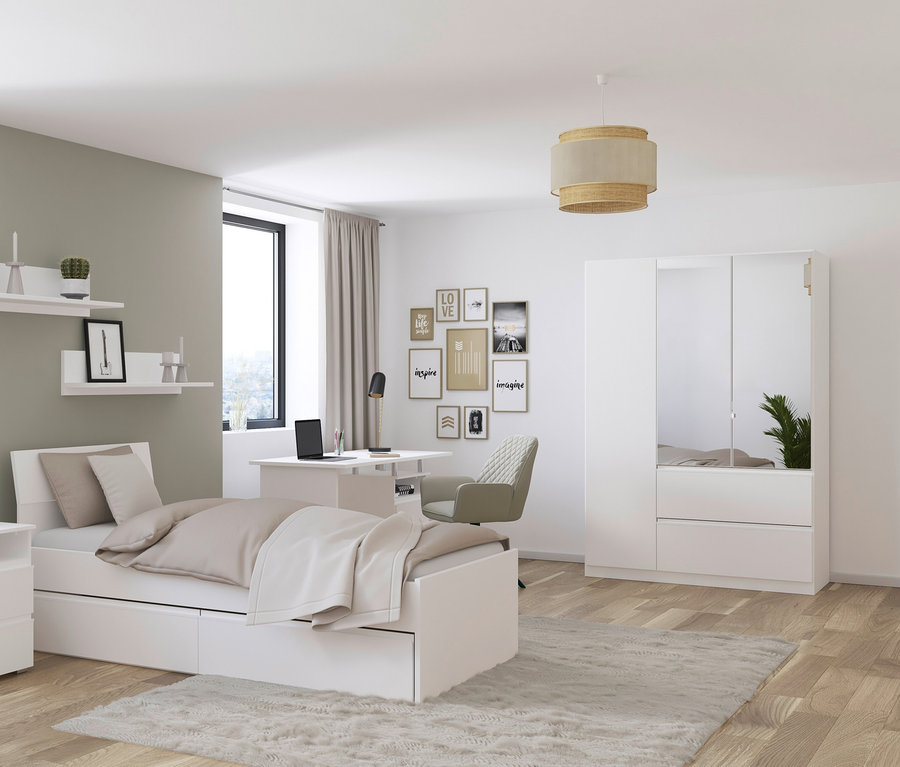 Schlafzimmer mit weißem Bett, Nachttisch, Schreibtisch und rauch Drehtürenschrank 3-türig mit Spiegel »Joel«.