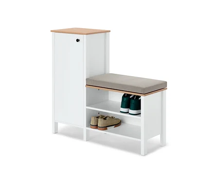 Weißes Sitzbank mit Schuhschrank und beigem Sitzkissen. Im Schuhschrank befinden sich zwei Regale mit Schuhen.