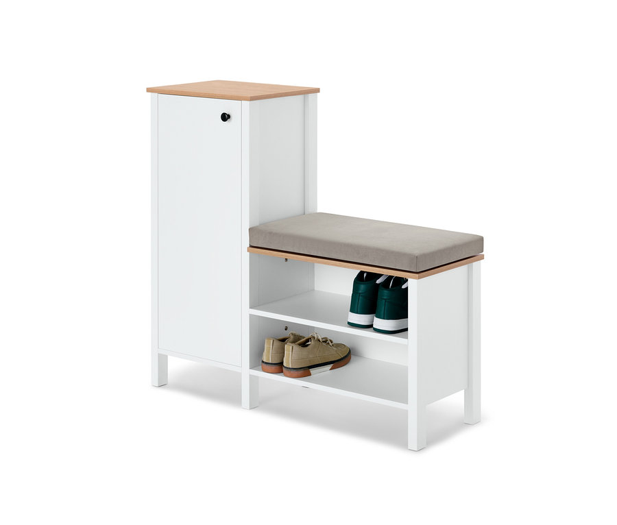 Weißes Sitzbank mit Schuhschrank und beigem Sitzkissen. Im Schuhschrank befinden sich zwei Regale mit Schuhen.