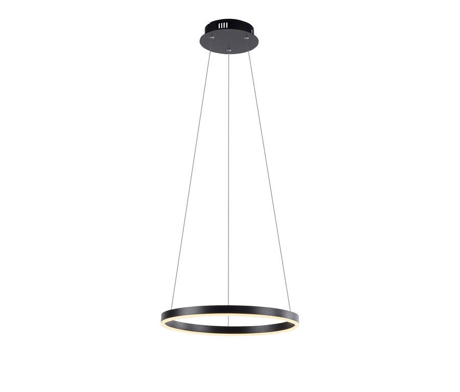 Eine schwarze JUST LIGHT LED-Pendelleuchte »Ritus« hängt an drei dünnen Drähten.