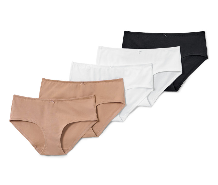 Fünf Pantys in Braun, Weiß und Schwarz.