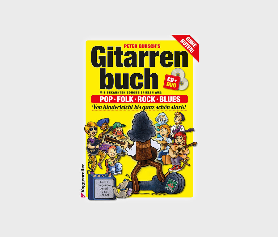 Gelbes Cover von "Peter Bursch's Gitarren buch" mit Cartoonfiguren, die Gitarre spielen, und CD/DVD. Voggenreiter VOLT Akustik Gitarren-Set 4/4.