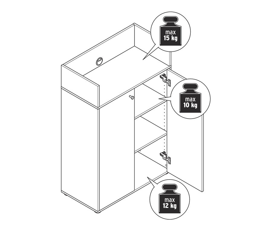 Eine Strichzeichnung eines Highboards mit 2 Türen, wobei die offenen Türen 3 interne Regale zeigen.