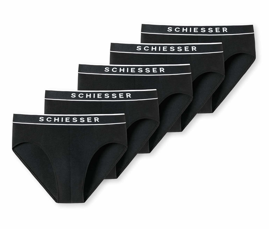 Fünf schwarze SCHIESSER Rio-Slips auf weißem Hintergrund.