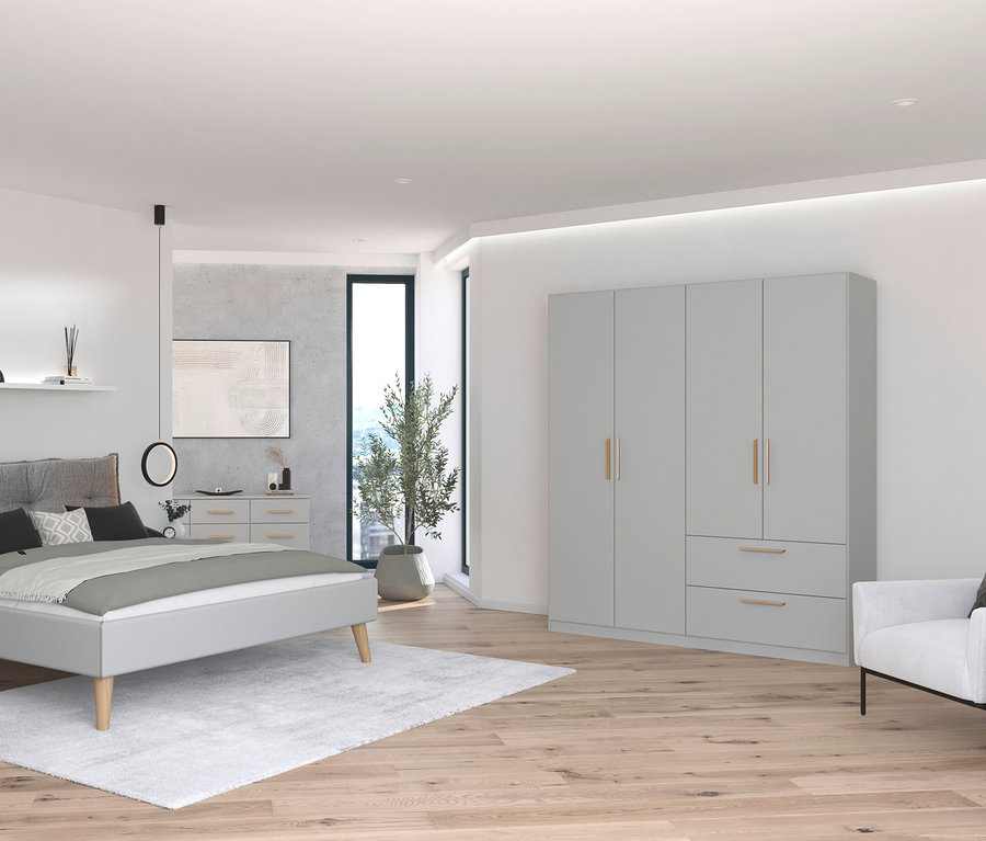 Schlafzimmer mit Bett, Nachttisch und rauch Drehtürenschrank »Skandi«, 4-türig, seidengrau.