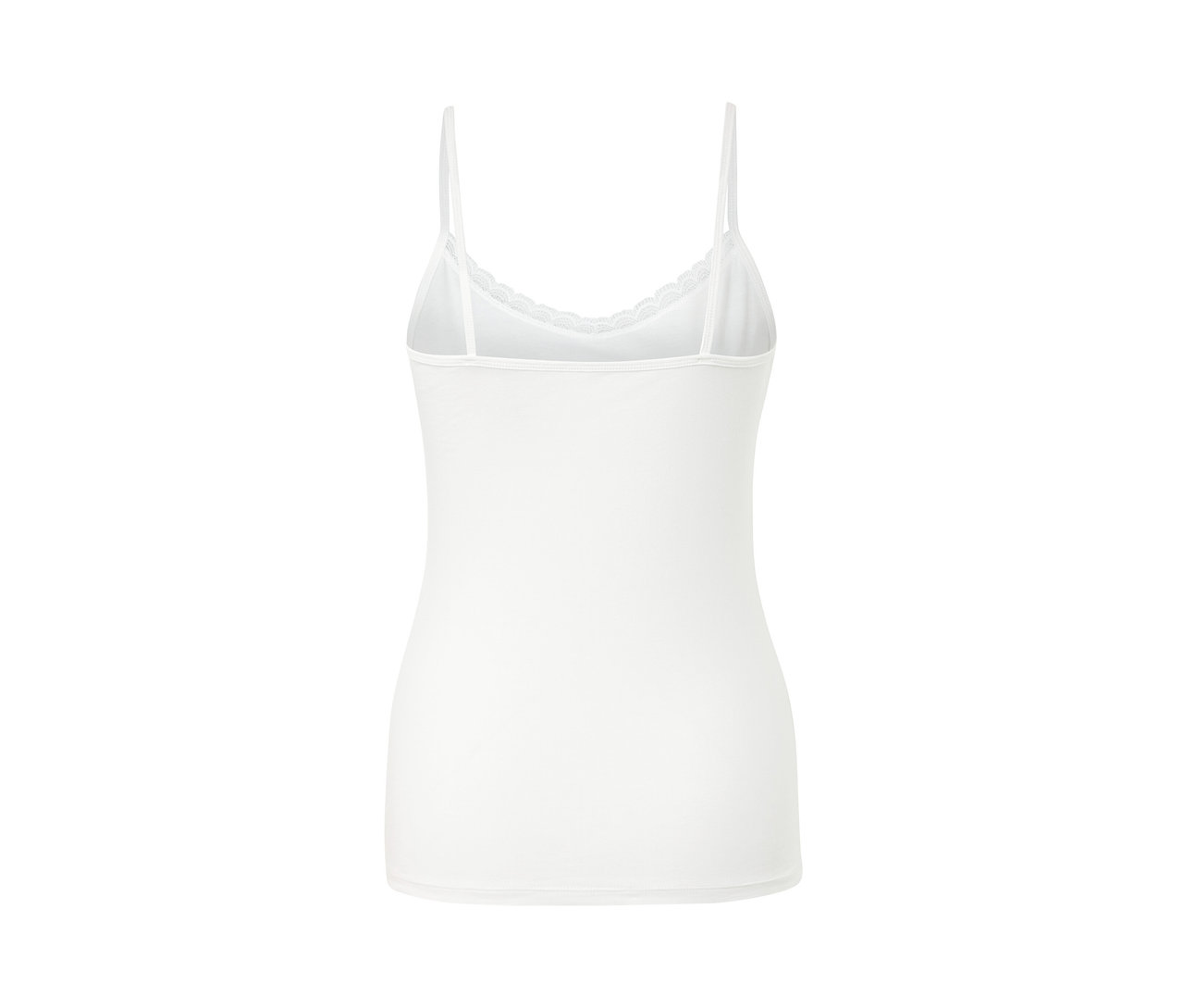 Weißes 2 Hemdchen mit Spitze am Saum, Detailaufnahme.