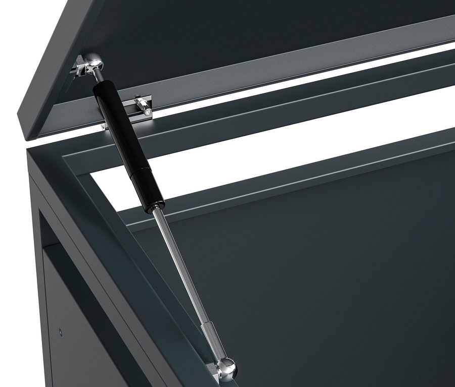 Detailansicht einer geöffneten Mülltonnenbox.