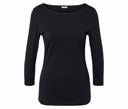 Schwarzes T-Shirt mit 3/4-Ärmeln und Rundhalsausschnitt.