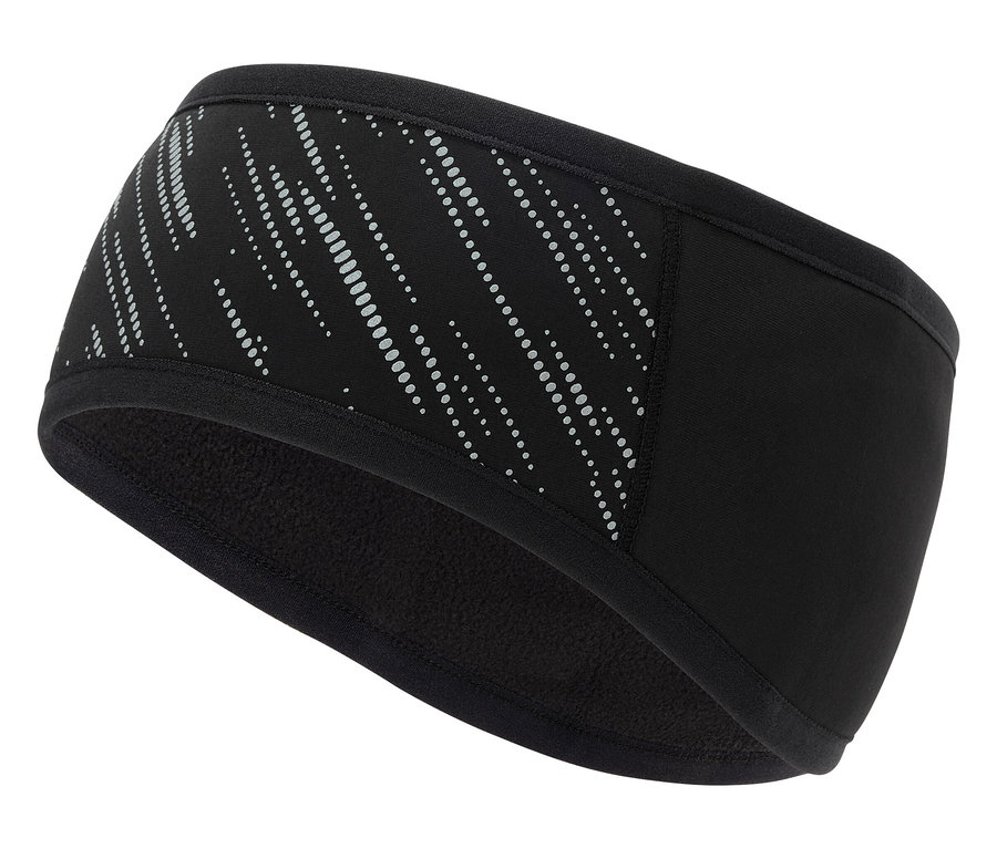 Schwarzes Sportstirnband mit reflektierenden Elementen auf weißem Hintergrund.