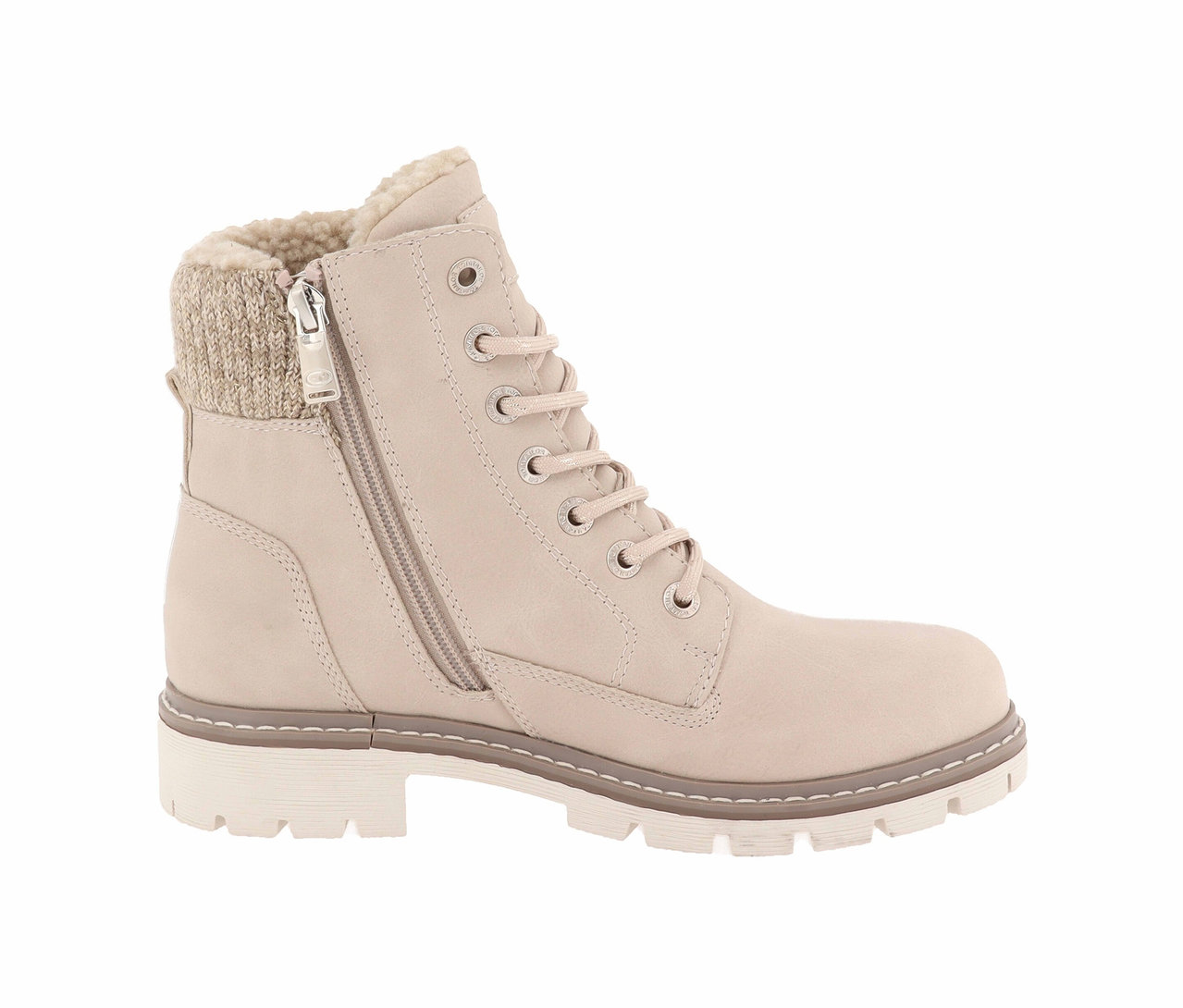Beiger, knöchelhoher Stiefel mit Reißverschluss und Schnürung.