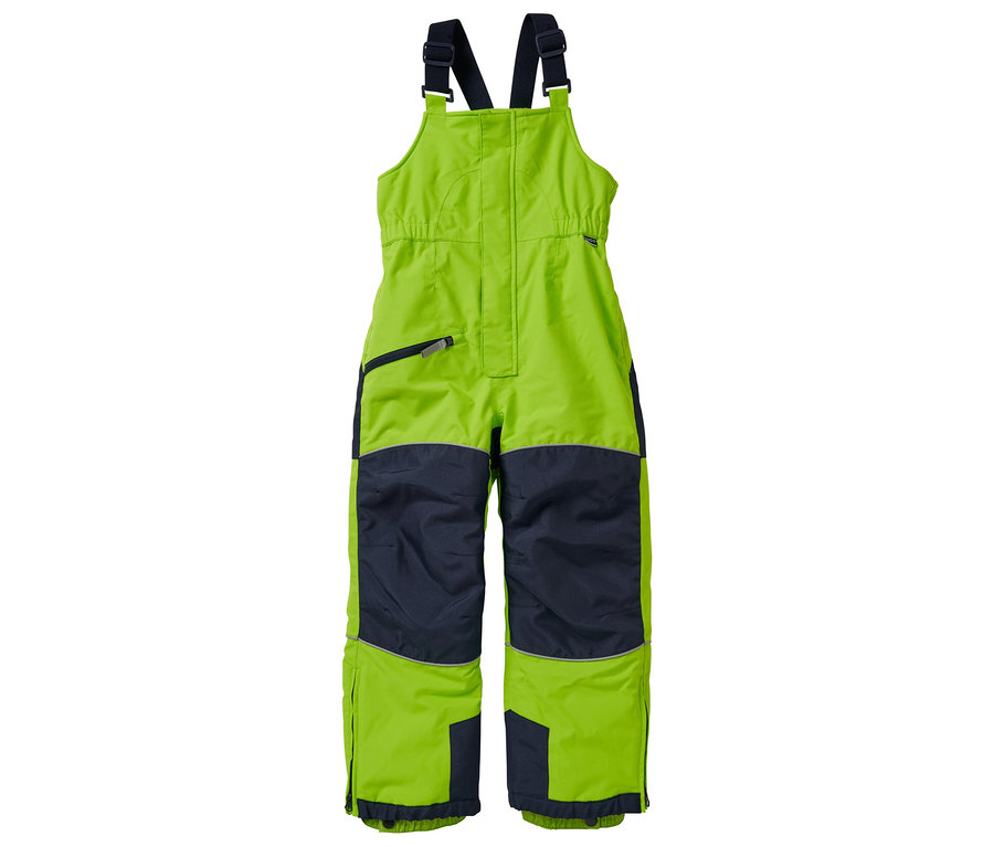 Helle grüne JAKO-O Schneelatzhose mit marineblauen Kniebereichen und Hosensäumen.