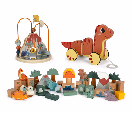 Aufgereiht ist ein Small Foot Set Nachziehtier, Holzbausteine und Motorikschleife "Dino".