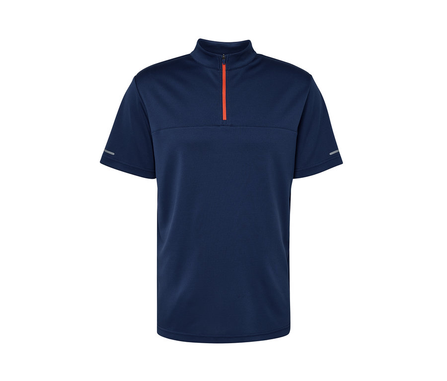 Blaues Fahrrad-Trikot mit kurzen Ärmeln und orangefarbenem Reißverschluss.