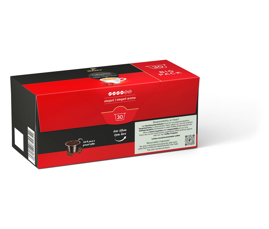 Eine rot-schwarze Packung Cafissimo Espresso elegant mit 30 Kapseln.