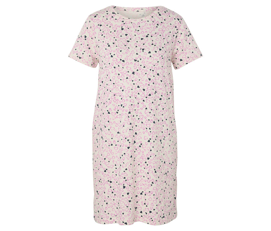 Beiges, kurzärmeliges Kleid mit rosa- und schwarzem Herzmuster.