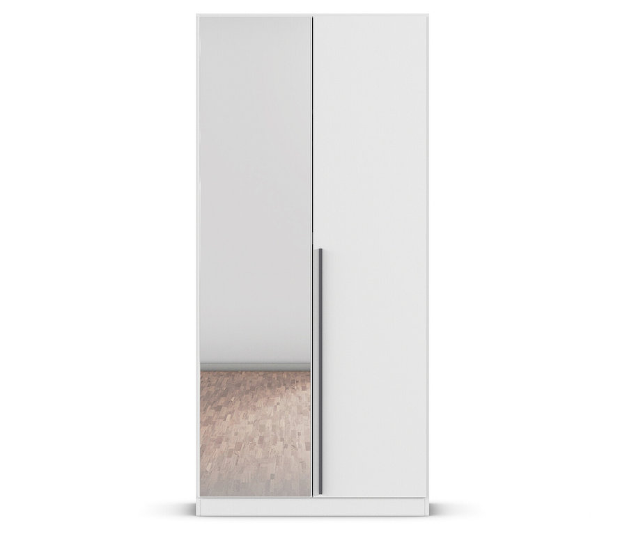 Weißer Schrank mit einer Spiegeltür.