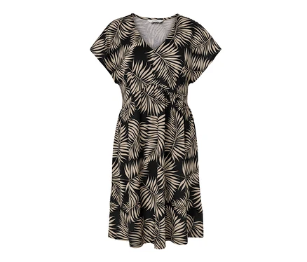 Ein bedrucktes Jerseykleid mit Blättern in Schwarz und Beige.