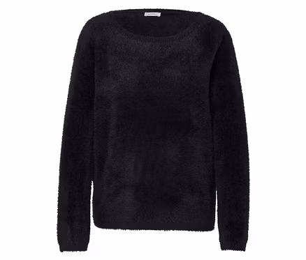 Schwarzer, flauschiger Pullover mit langen Ärmeln.