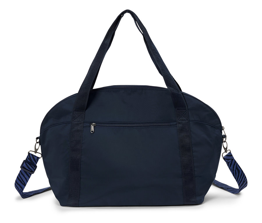 Marineblaue Reisetasche mit Tragegriffen und blau-gestreiftem Schultergurt.