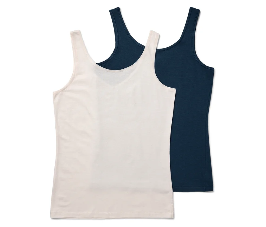Zwei Tanktops: eines hellrosa und eines dunkelblau.