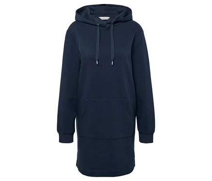 Blaues Hoodie-Kleid mit Kapuze und langen Ärmeln.