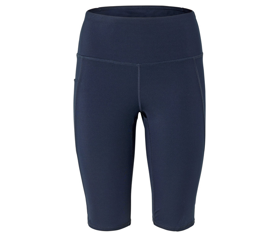 Nahaufnahme von marineblauen Sportshorts vor weißem Hintergrund.