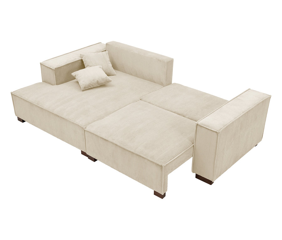 Ein beiges Cord-Sofa mit braunen Füßen und zwei Kissen.