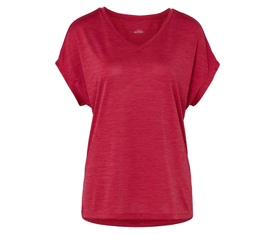 Rotes V-Ausschnitt T-Shirt mit kurzen Ärmeln.