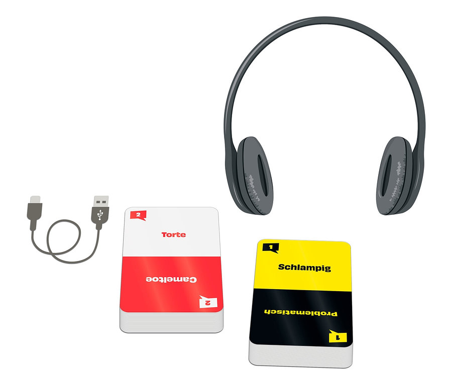 Graue Kopfhörer, ein USB-Kabel und zwei Karten mit den Aufschriften "Torte" und "Schlampig".